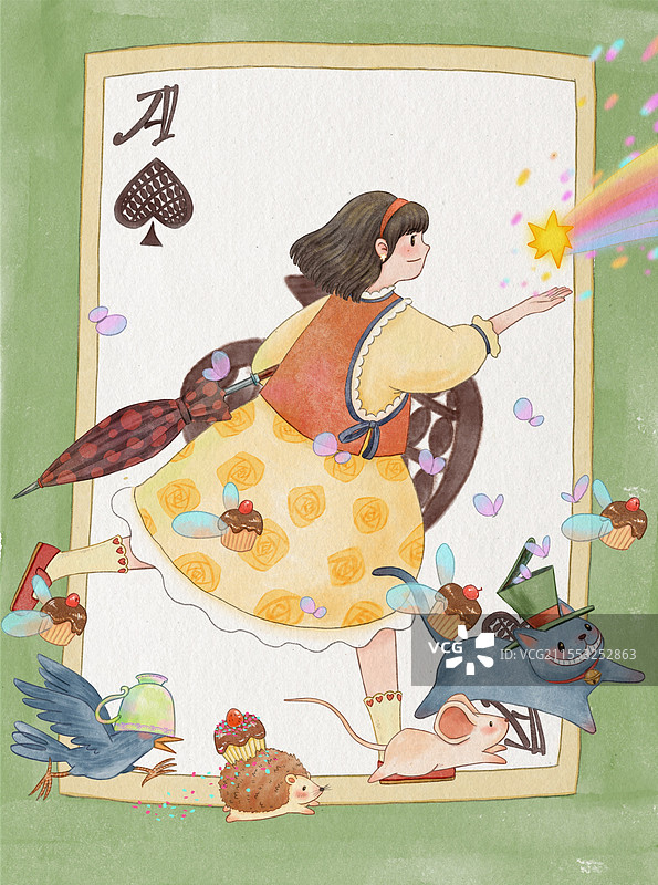 爱丽丝在奔跑，追逐着一颗星星，跟着她一起的还有柴郡猫、乌鸦、刺猬、长翅膀的小蛋糕图片素材