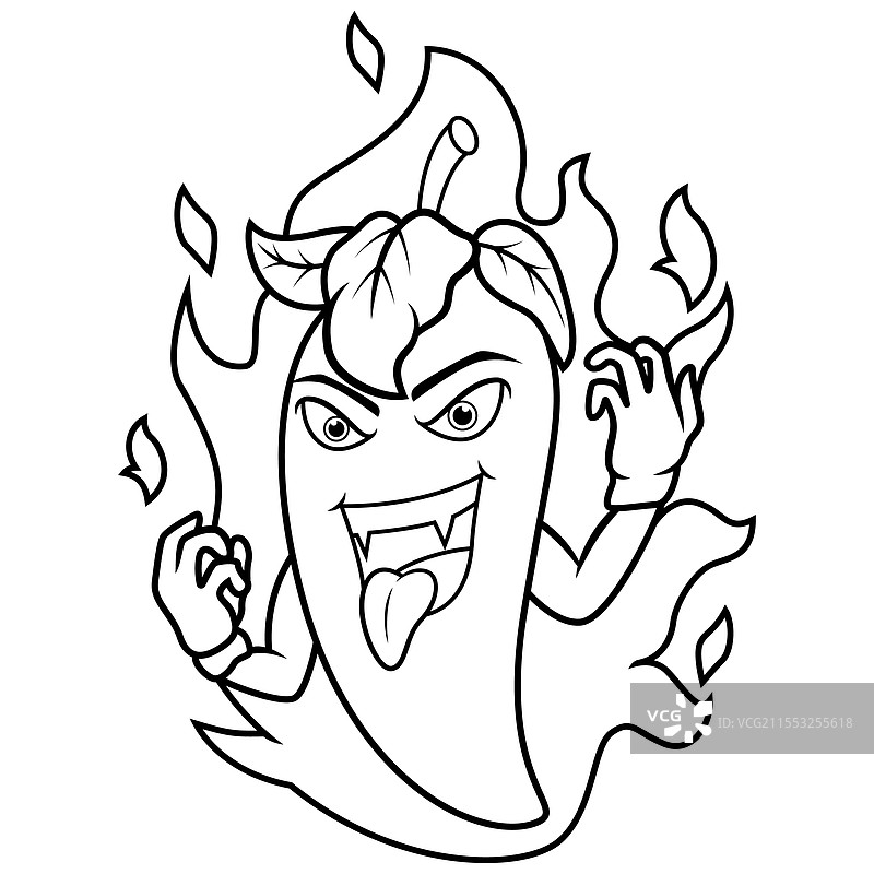 生气的卡通辣椒，吐着舌头，线条艺术风格图片素材