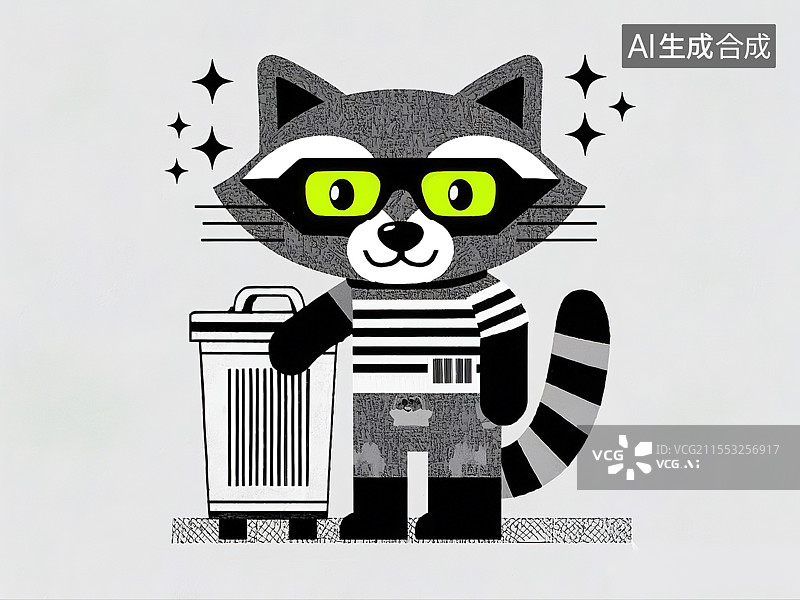 【AI数字艺术】抽象动物插画系列孟菲斯风格卡通浣熊儿童识字卡艺术元素条形码纹理和夜光眼罩立体主义垃圾箱图片素材
