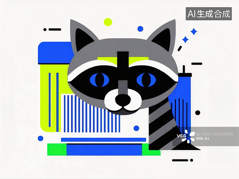 【AI数字艺术】抽象动物插画系列孟菲斯风格卡通浣熊儿童识字卡艺术元素条形码纹理和夜光眼罩立体主义垃圾箱图片素材