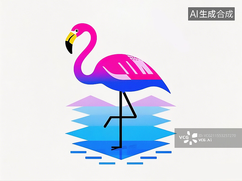 【AI数字艺术】抽象创意动物插画系列孟菲斯风格卡通火烈鸟儿童识字卡艺术元素折线形单腿和渐变粉蓝S形颈菱形水面倒影图片素材