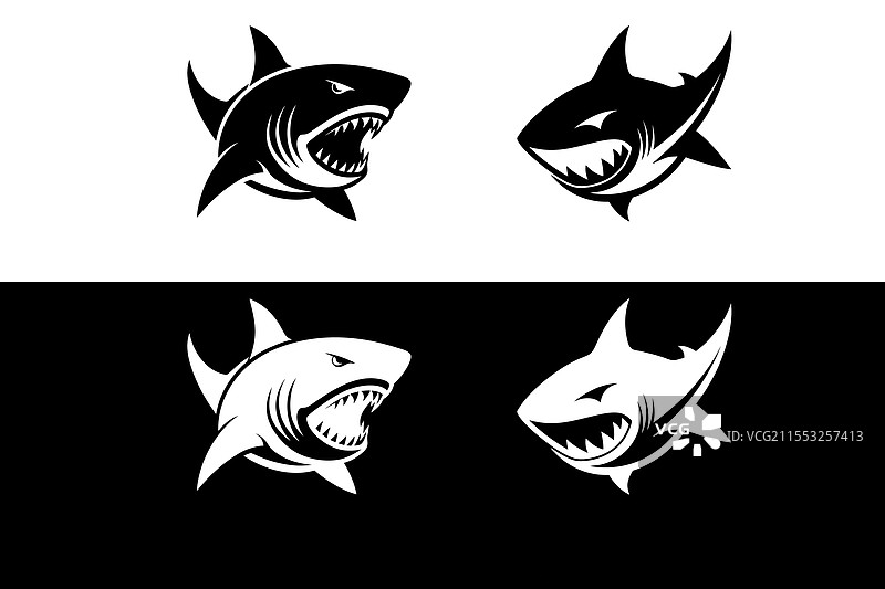白色和黑色的鲨鱼轮廓图标图片素材