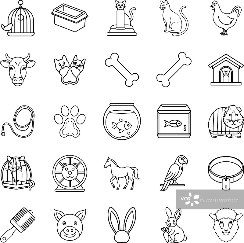 宠物动物图标：猫、狗、鸟、鱼、农场动物图片素材