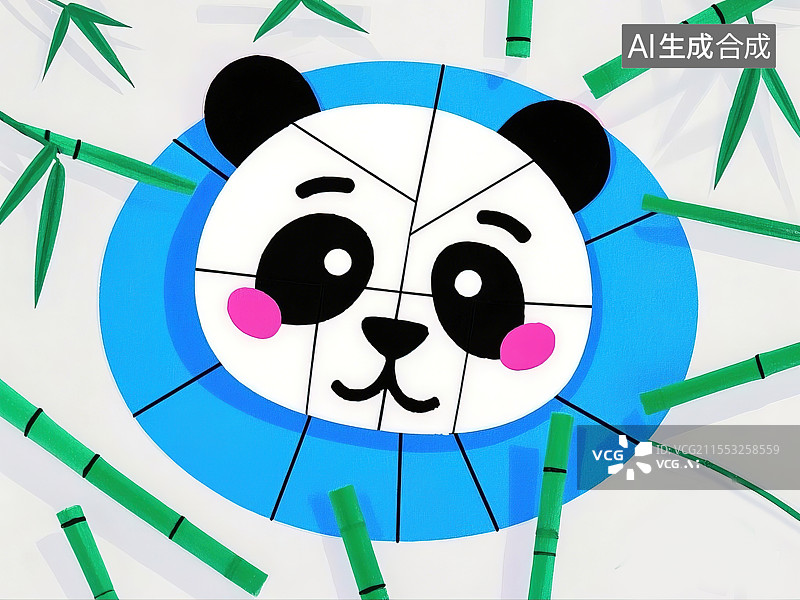 【AI数字艺术】抽象创意动物插画系列儿童识字卡艺术元素孟菲斯风格几何拼图熊猫头国宝竹子不对称黑白区块配粉红腮红图片素材