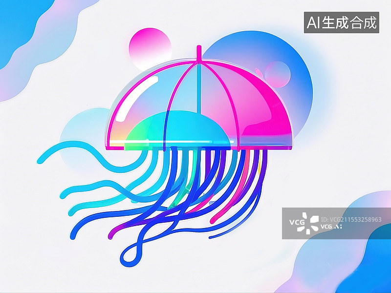 【AI数字艺术】抽象创意动物插画系列儿童识字卡艺术元素孟菲斯风格卡通水母半透明伞盖波浪形荧光触须海洋故障光效图片素材
