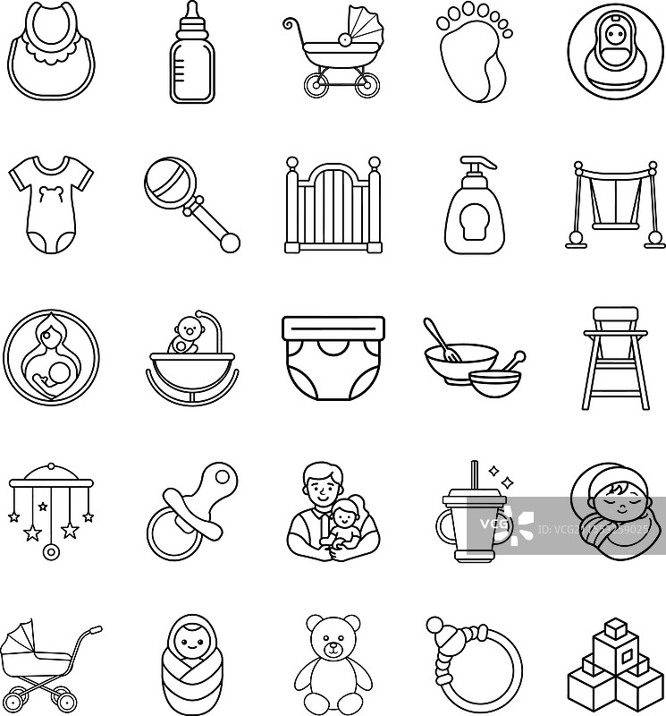 婴儿护理必需品图标，包括婴儿车和奶瓶图片素材