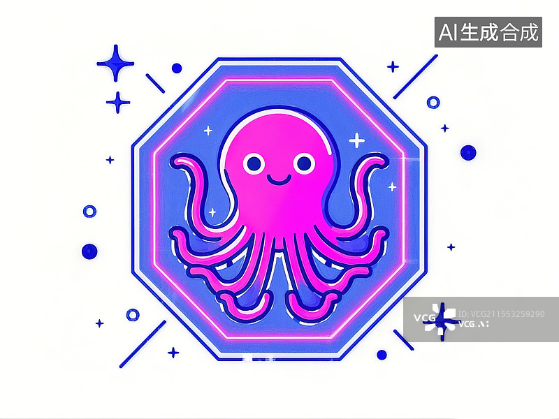 【AI数字艺术】抽象创意动物插画系列儿童识字卡艺术元素孟菲斯风格卡通章鱼八边形触手霓虹紫吸盘放射状运动图片素材