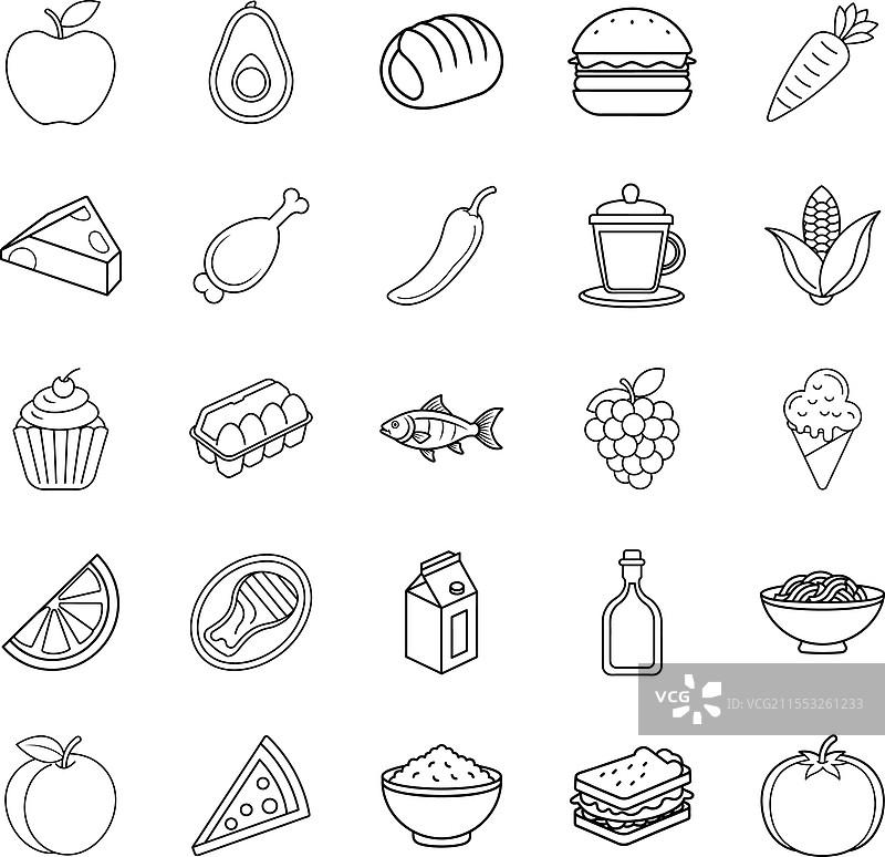 食物图标：苹果、鳄梨、面包、汉堡、胡萝卜图片素材