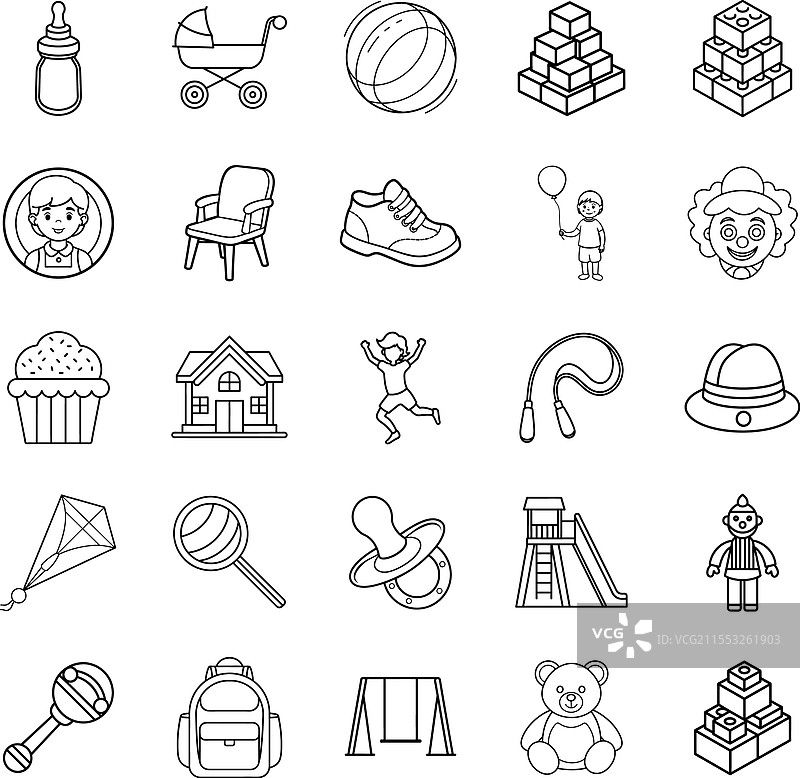 儿童玩具、婴儿用品和游戏乐趣图标图片素材