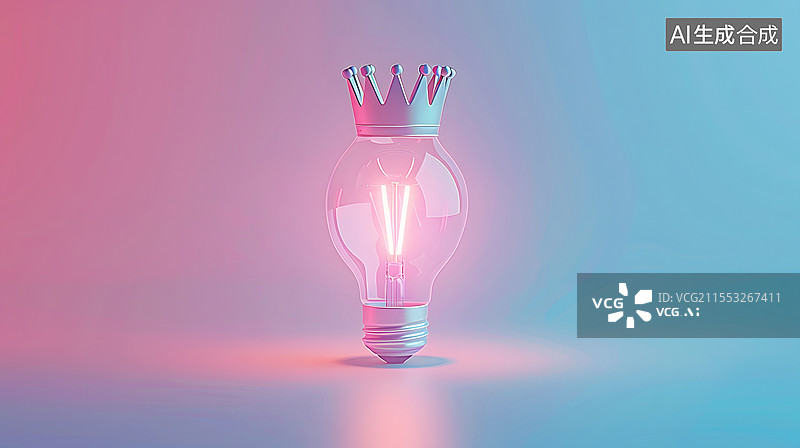 【AI数字艺术】发光的灯泡与皇冠图片素材