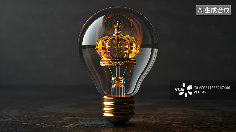 【AI数字艺术】发光的灯泡与皇冠图片素材