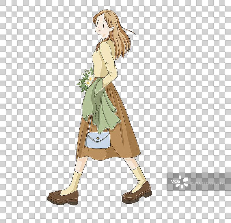 一个美女买了鲜花单肩背包散步图片素材