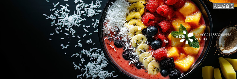 【AI数字艺术】创意水果冰沙碗：色彩斑斓的健康美味图片素材