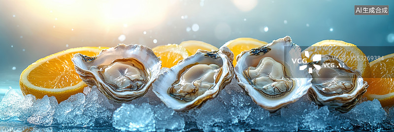 【AI数字艺术】新鲜海蛎子与柠檬冰块背景创意插画图片素材