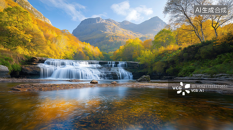 【AI数字艺术】秋色瀑布山景如画图片素材