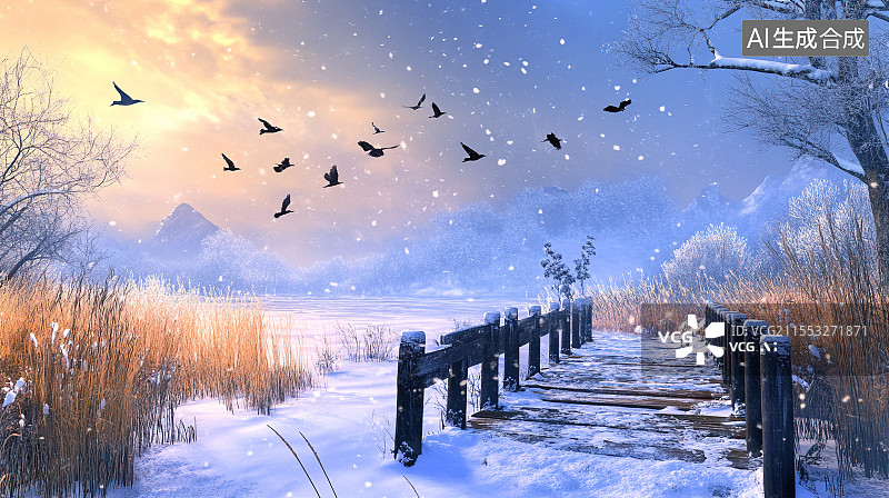 【AI数字艺术】二十四节气系列插画之立冬时节南飞的候鸟大雁图片素材