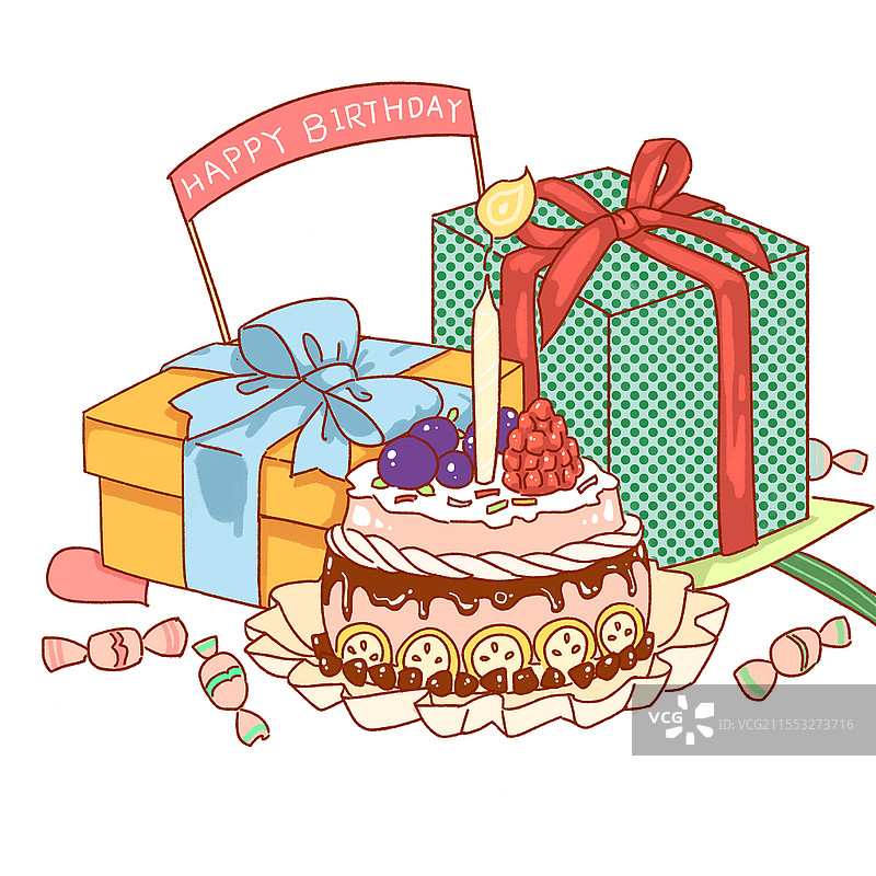 卡通手绘可爱唯美生日蛋糕礼盒礼物彩带私带原创插画素材生日礼物图片素材