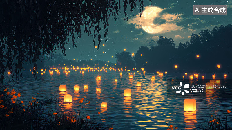 【AI数字艺术】中元节祈福放河灯浮灯图片素材