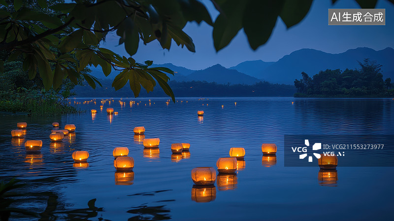 【AI数字艺术】中元节祈福放河灯浮灯图片素材