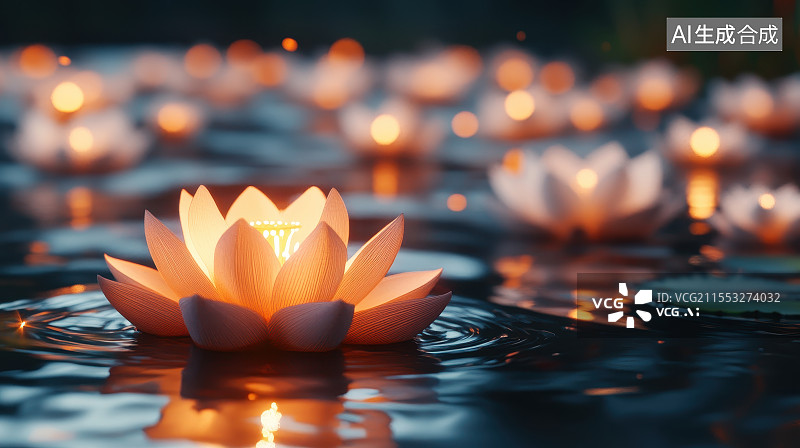 【AI数字艺术】中元节许愿祈福放河灯浮灯莲花蜡烛灯场景插画图片素材