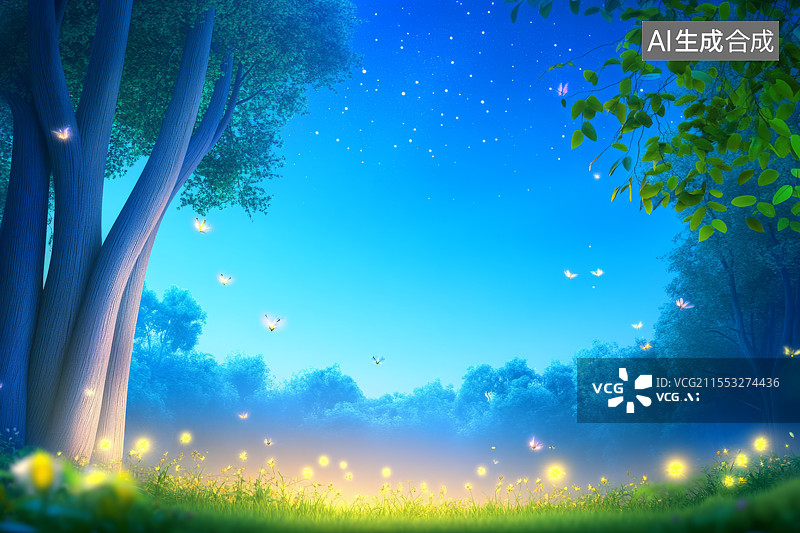 【AI数字艺术】夜晚森林插画，萤火虫，夏天夜晚插画图片素材