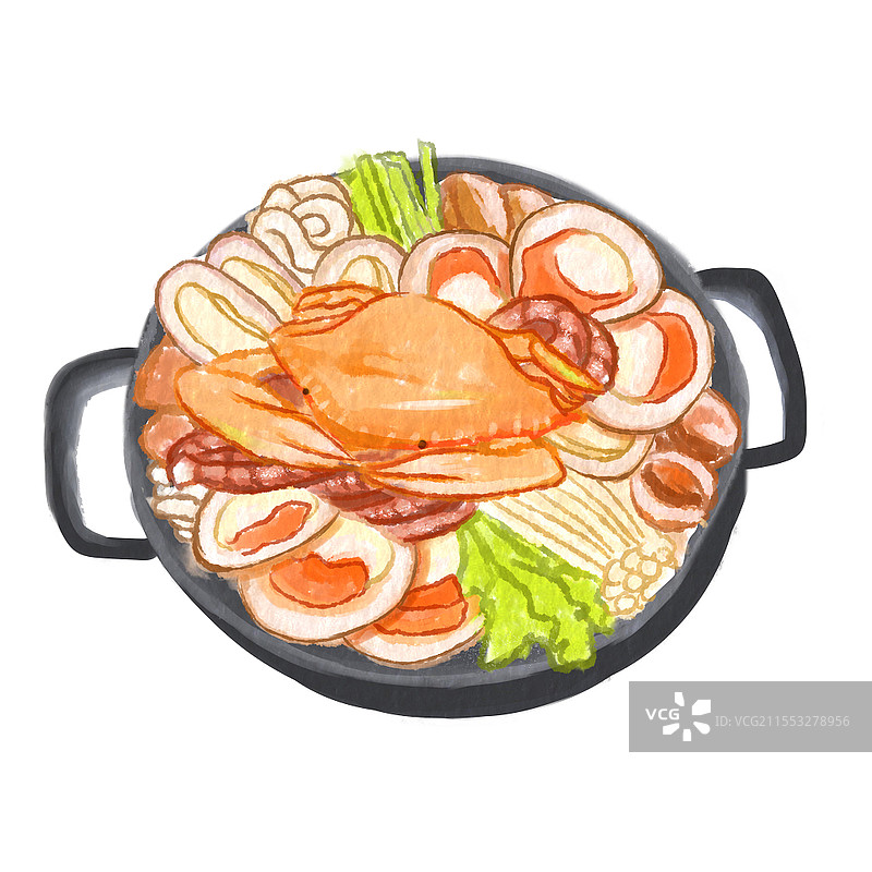 生鲜水彩原创素材 螃蟹扇贝海鲜锅水彩海鲜图片素材