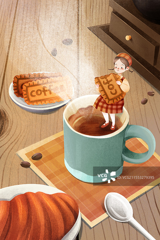 卡通手绘咖啡里的小女孩原创插画咖啡插画图片素材