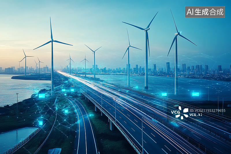 【AI数字艺术】高速道路两旁的风力发电机图片素材