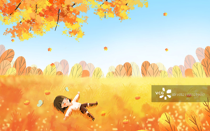秋天插画秋日风景落叶枫叶金黄色手绘枫叶背景立秋秋风图片素材