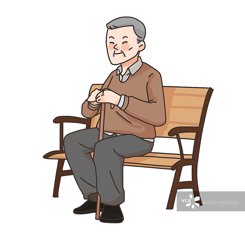 手绘卡通孤独老人坐在公园椅子上元素老人元素图片素材