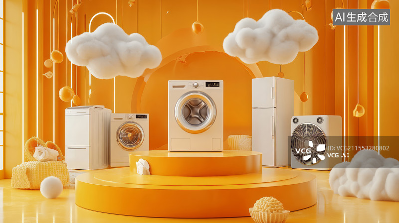 【AI数字艺术】3D渲染家电以旧换新购物主题产品展台背景图片素材
