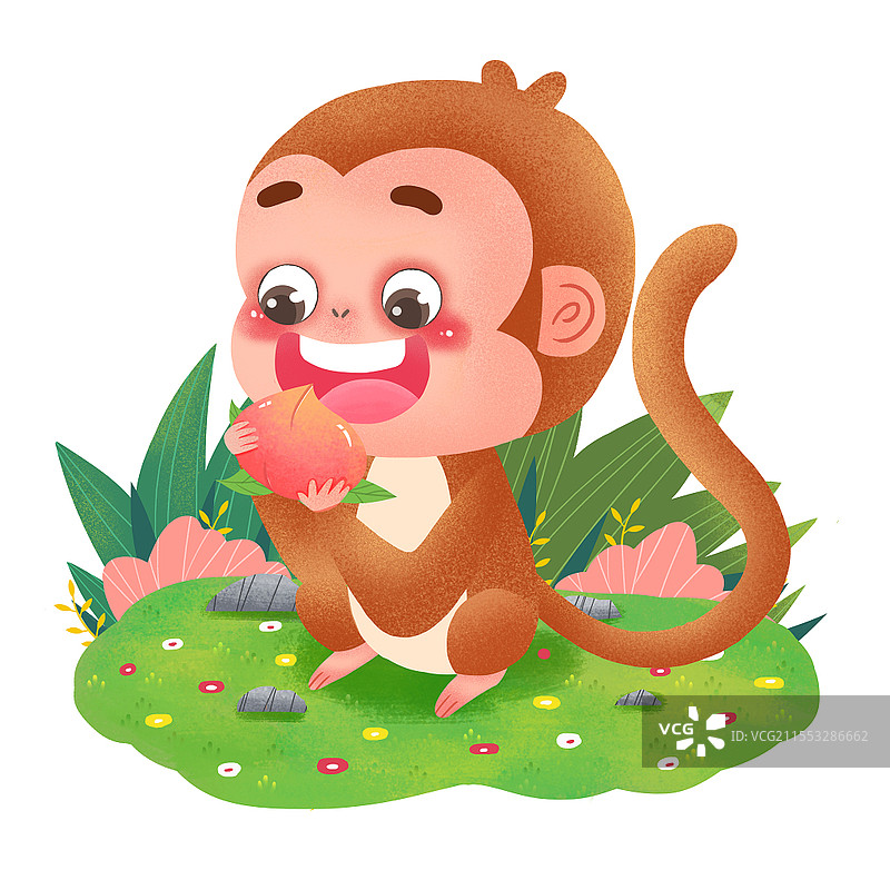 可爱的猴子快乐吃桃子卡通儿教育png猴子元素图片素材