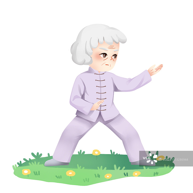 卡通手绘老人运动元素打太极的老太太图片素材