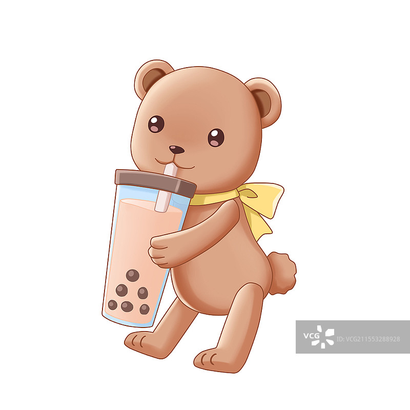 喝奶茶元素泰迪小熊在喝珍珠奶茶图片素材