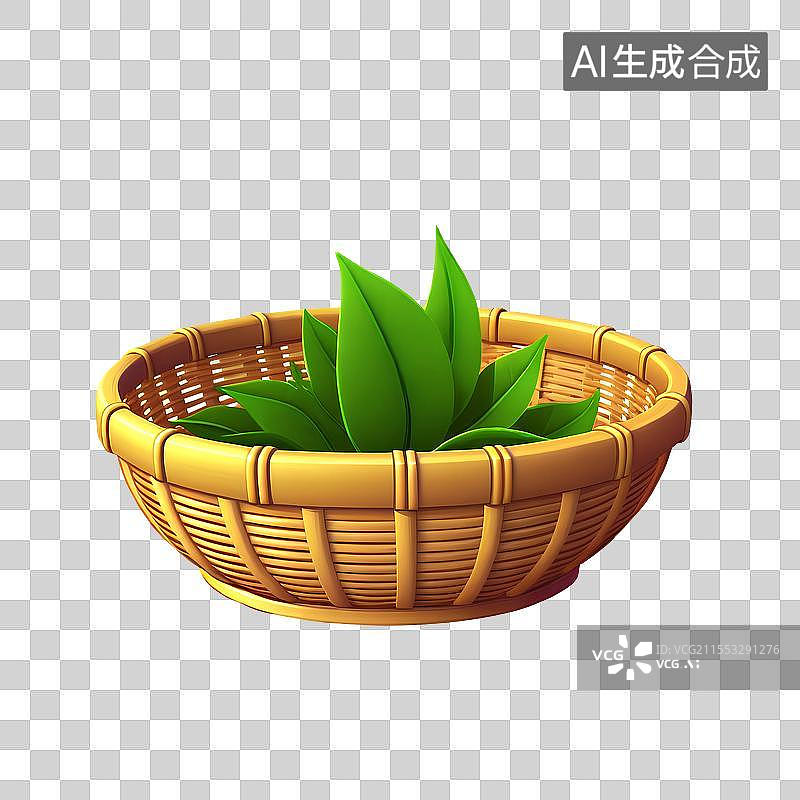 【AI数字艺术】3D渲染，竹篮里的茶叶，绿茶，春茶，采茶，茶文化免抠元素图片素材