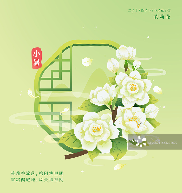 新中式二十四节气 小暑和茉莉花 矢量插画海报图片素材
