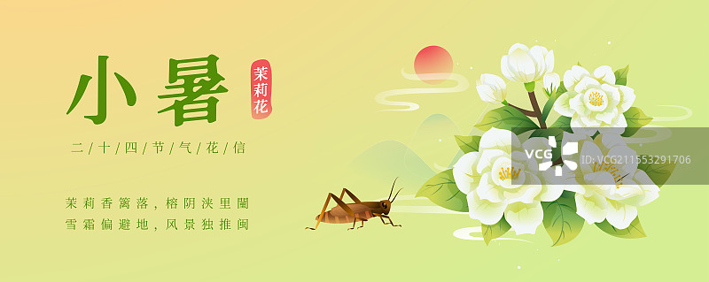 新中式二十四节气 小暑和茉莉花 矢量插画海报图片素材