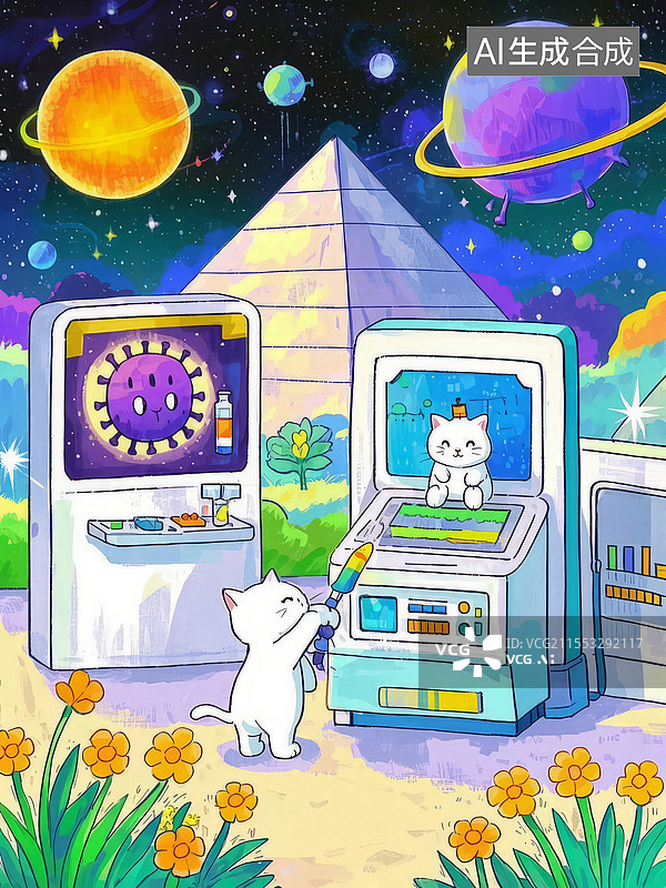 【AI数字艺术】宇宙免疫系统插画，量子猫咪联络高维诊疗中心，疫苗揭示地球文明癌变危机图片素材