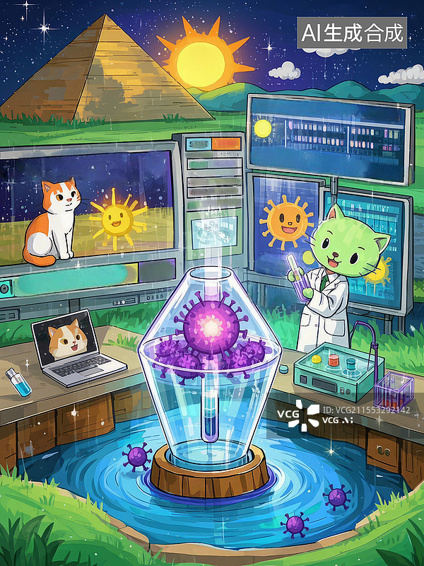 【AI数字艺术】宇宙免疫系统插画，量子猫咪联络高维诊疗中心，疫苗揭示地球文明癌变危机图片素材