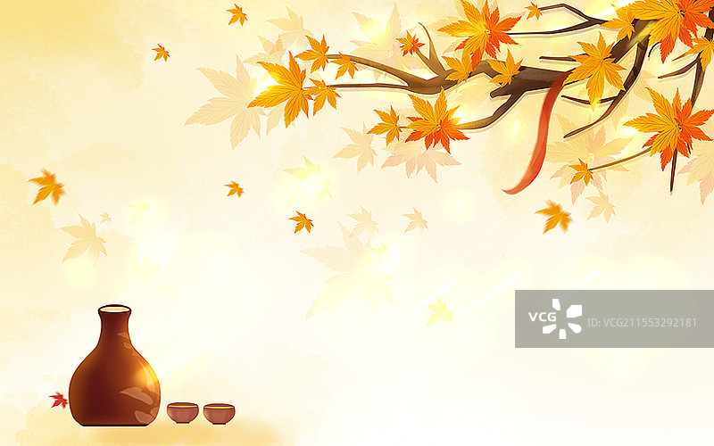 唯美手绘秋天背景古风唯美枫叶插画秋分插画图片素材
