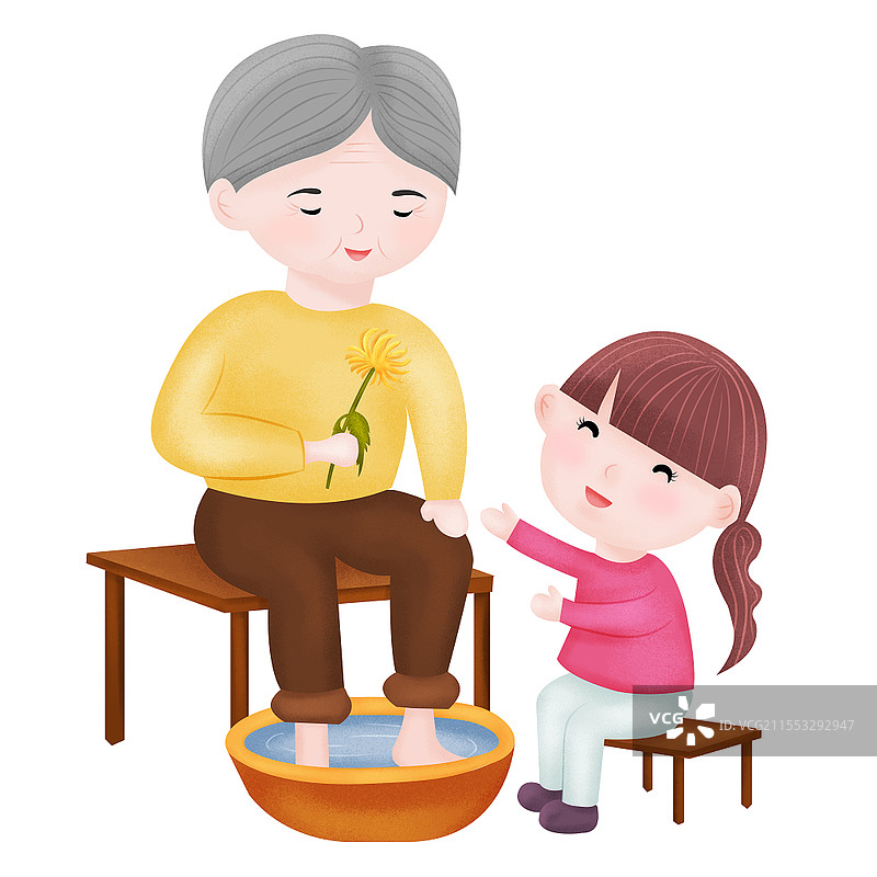 卡通手绘重阳节小女孩陪伴老奶奶给老人洗脚素材陪伴老人插画陪伴老人元素图片素材