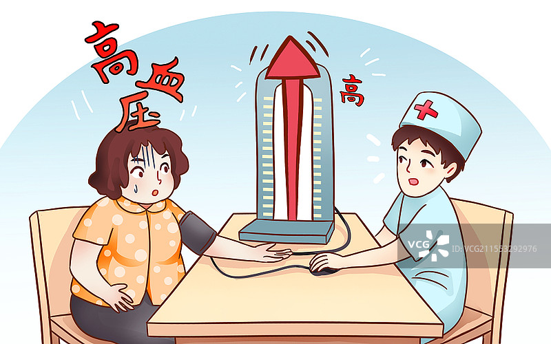 卡通漫画手绘全国高血压日插画正在量血压的医患原创插画海报图片素材