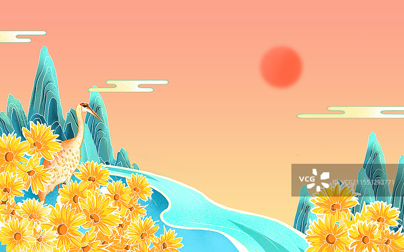 重阳插画原创插画清新色彩菊花仙鹤重阳节插画图片素材