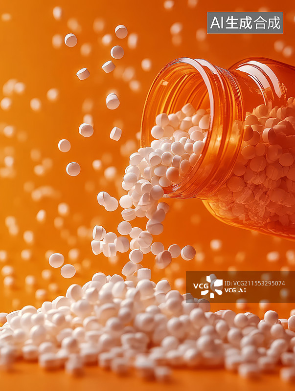 【AI数字艺术】药瓶溢出白色药片特写，医药行业主题概念图片素材