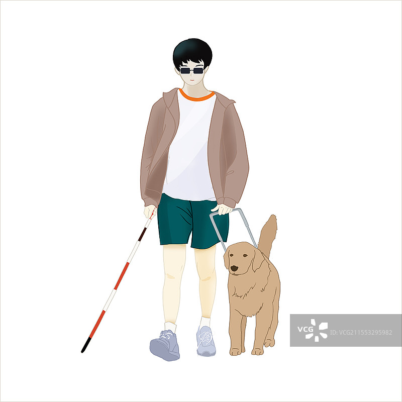 安静驼色盲人和导盲犬PNG元素盲人元素图片素材