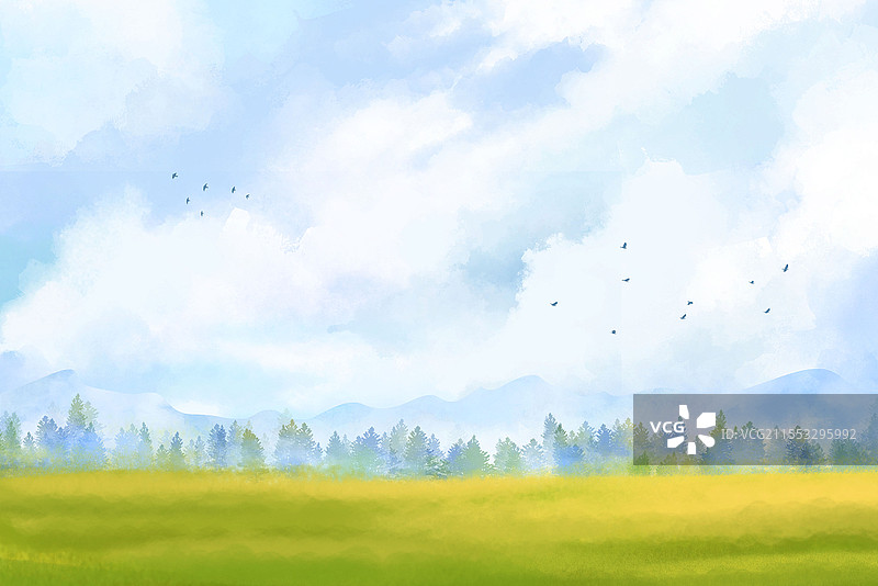 水彩风景插画手绘晕染背景草地草原绿色天空水彩晕染背景图片素材