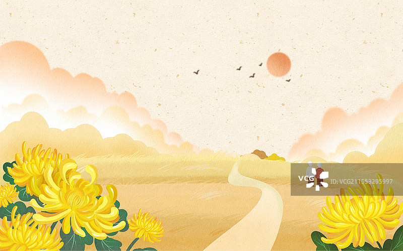 彩色卡通手绘唯美浪漫重阳节风景原创插画海报重阳节插画图片素材