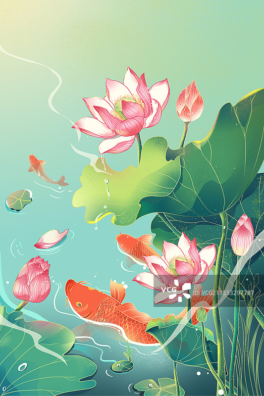 手绘国潮中国风国潮荷花鲤鱼锦鲤荷叶竖版H5插画国潮荷花插画图片素材