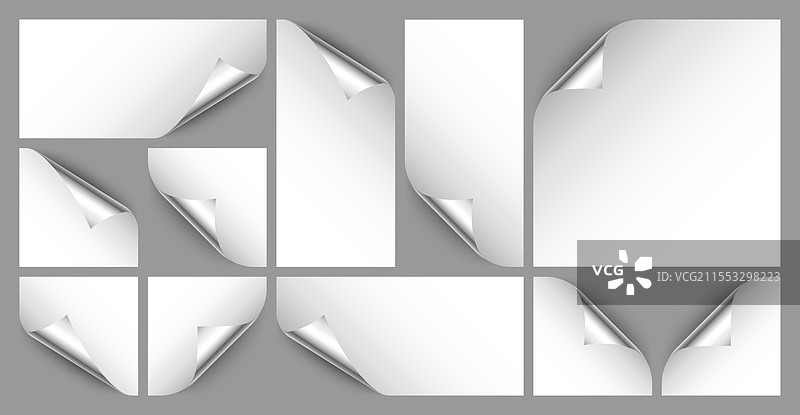 逼真的银色卷曲页面角落问候语设置图片素材