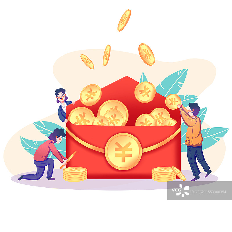大吉开门红包红包金币和人物金融卡通人物PNG素材图片素材